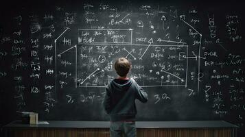 School children write math formulas on the blackboard. Asian primary school students are solving geometric problems on the blackboard photo