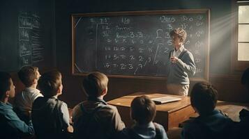 School children write math formulas on the blackboard. Asian primary school students are solving geometric problems on the blackboard photo