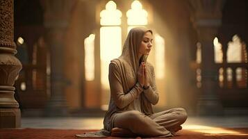 young muslim woman praying ,Young muslim woman praying in mosque photo