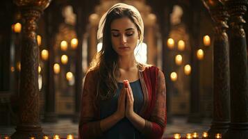 young muslim woman praying ,Young muslim woman praying in mosque photo