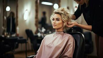 Beauty salon, female hairdresser doing hairstyle for young woman, brunette model in hair salon photo