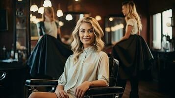 Beauty salon, female hairdresser doing hairstyle for young woman, brunette model in hair salon photo