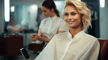 belleza salón, hembra peluquero haciendo peinado para joven mujer, morena modelo en pelo salón foto