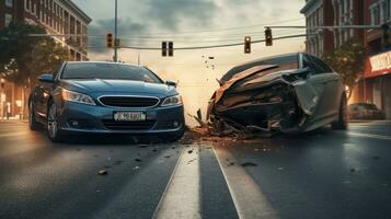 Drunk driving, car accident on the road, damaged car after the crash photo