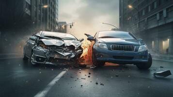 Drunk driving, car accident on the road, damaged car after the crash photo