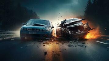 Drunk driving, car accident on the road, damaged car after the crash photo