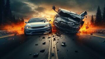 Drunk driving, car accident on the road, damaged car after the crash photo