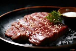 Japanese beef on display, close-up of dry-aged and grilled Wagyu beef steak on a rustic wooden cutting board. photo