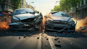 Drunk driving, car accident on the road, damaged car after the crash photo