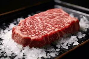 Japanese beef on display, close-up of dry-aged and grilled Wagyu beef steak on a rustic wooden cutting board. photo