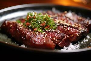 Japanese beef on display, close-up of dry-aged and grilled Wagyu beef steak on a rustic wooden cutting board. photo