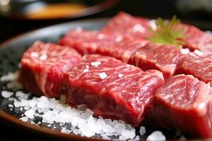 Japanese beef on display, close-up of dry-aged and grilled Wagyu beef steak on a rustic wooden cutting board. photo