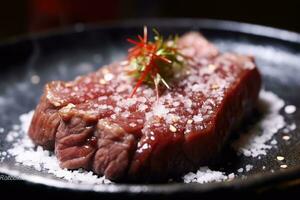 Japanese beef on display, close-up of dry-aged and grilled Wagyu beef steak on a rustic wooden cutting board. photo