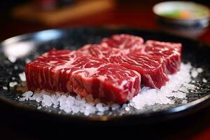 Japanese beef on display, close-up of dry-aged and grilled Wagyu beef steak on a rustic wooden cutting board. photo