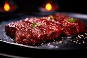 Japanese beef on display, close-up of dry-aged and grilled Wagyu beef steak on a rustic wooden cutting board. photo