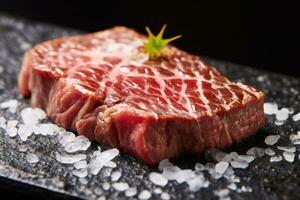 Japanese beef on display, close-up of dry-aged and grilled Wagyu beef steak on a rustic wooden cutting board. photo