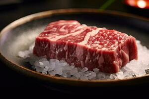 Japanese beef on display, close-up of dry-aged and grilled Wagyu beef steak on a rustic wooden cutting board. photo