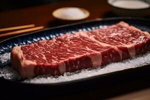 Japanese beef on display, close-up of dry-aged and grilled Wagyu beef steak on a rustic wooden cutting board. photo