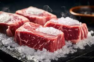 Japanese beef on display, close-up of dry-aged and grilled Wagyu beef steak on a rustic wooden cutting board. photo