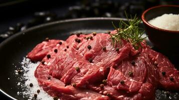 Japanese beef on display, close-up of dry-aged and grilled Wagyu beef steak on a rustic wooden cutting board. photo