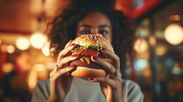 hembra mano con delicioso hamburguesa a hamburguesa tienda foto