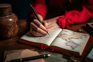 Female explorer looking at map, explorer looking at map planning a trip in the forest photo