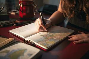 Female explorer looking at map, explorer looking at map planning a trip in the forest photo