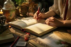 Female explorer looking at map, explorer looking at map planning a trip in the forest photo