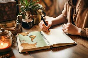 Female explorer looking at map, explorer looking at map planning a trip in the forest photo