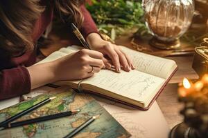 Female explorer looking at map, explorer looking at map planning a trip in the forest photo