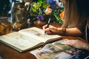 Female explorer looking at map, explorer looking at map planning a trip in the forest photo