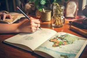 Female explorer looking at map, explorer looking at map planning a trip in the forest photo