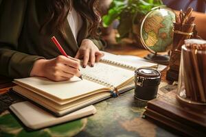 Female explorer looking at map, explorer looking at map planning a trip in the forest photo