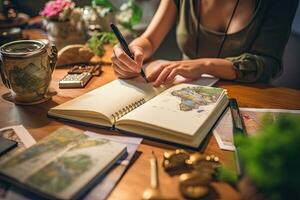 Female explorer looking at map, explorer looking at map planning a trip in the forest photo