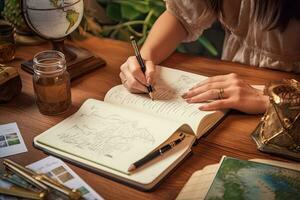 Female explorer looking at map, explorer looking at map planning a trip in the forest photo