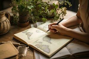 Female explorer looking at map, explorer looking at map planning a trip in the forest photo