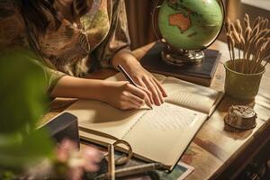 Female explorer looking at map, explorer looking at map planning a trip in the forest photo