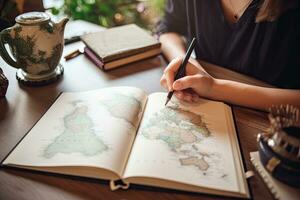 Female explorer looking at map, explorer looking at map planning a trip in the forest photo