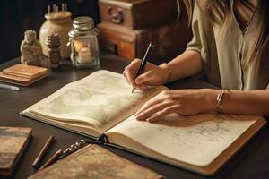 Female explorer looking at map, explorer looking at map planning a trip in the forest photo