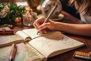 Female explorer looking at map, explorer looking at map planning a trip in the forest photo