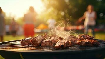 Family group partying outdoors Focus on grilling food in public gardens. space for text photo