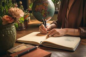 Female explorer looking at map, explorer looking at map planning a trip in the forest photo