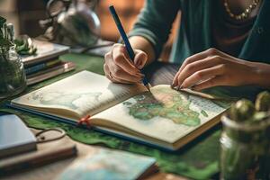 Female explorer looking at map, explorer looking at map planning a trip in the forest photo