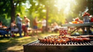 Family group partying outdoors Focus on grilling food in public gardens. space for text photo