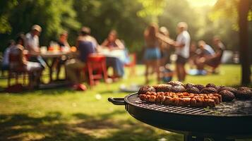 Family group partying outdoors Focus on grilling food in public gardens. space for text photo