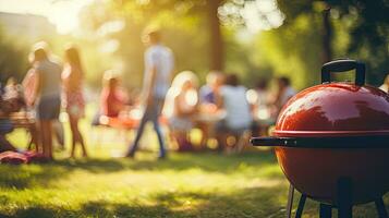 Family group partying outdoors Focus on grilling food in public gardens. space for text photo