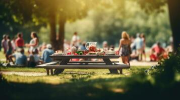 Family group partying outdoors Focus on grilling food in public gardens. space for text photo