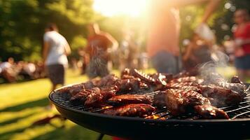 Family group partying outdoors Focus on grilling food in public gardens. space for text photo