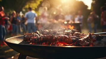 Family group partying outdoors Focus on grilling food in public gardens. space for text photo