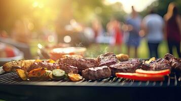 Family group partying outdoors Focus on grilling food in public gardens. space for text photo